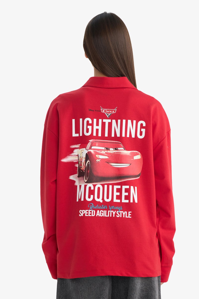 DeFacto Red Woman Cars Oversize Polo Collar Back Print Sweatshirt Casual - Image 5